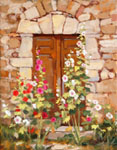 old door and hollylocks